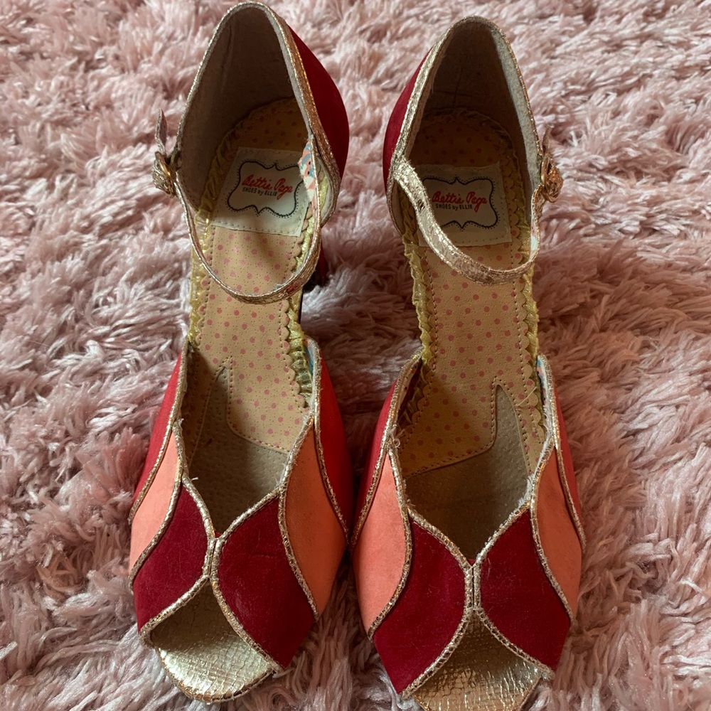 Bettie Page Red & Pink Velvet Heels Size 7